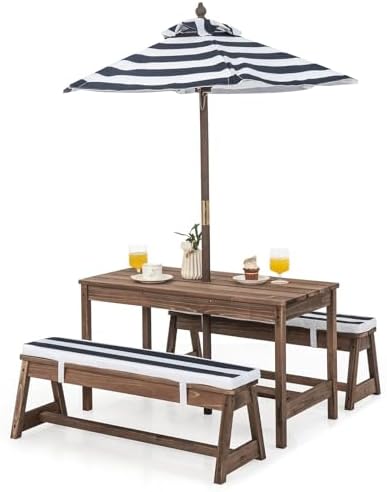 Kids Outdoor Bench With Umbrella - Çocuk Piknik Masası, Dış Mekan Ahşap