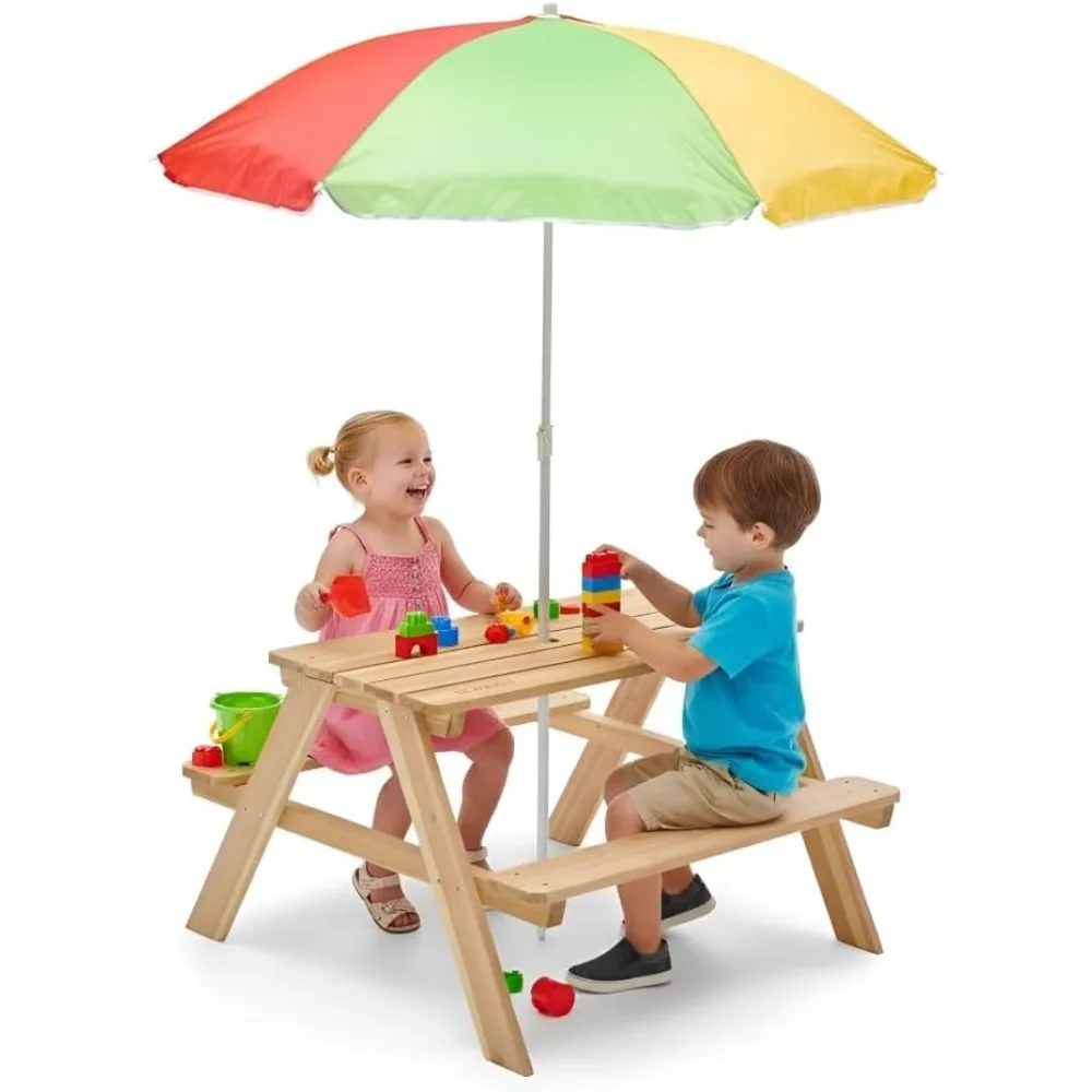 Kids Outdoor Bench With Umbrella - Ahşap Çocuk Piknik Masası Açık Hava
