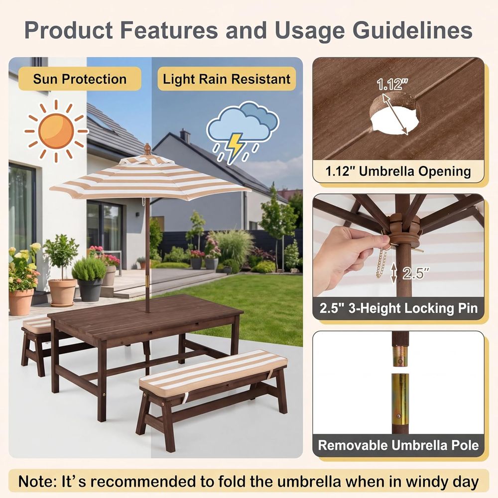 Çocuk Piknik Masası, Büyük 42“ - Kids Outdoor Bench With Umbrella incelemesi ve fiyatı