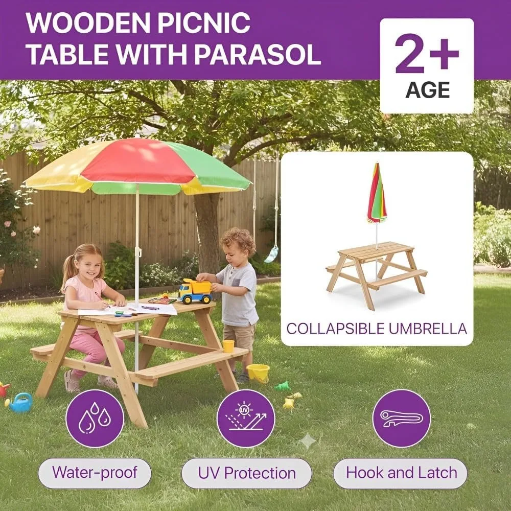Ahşap Çocuk Piknik Masası Açık - Kids Outdoor Bench With Umbrella incelemesi ve fiyatı